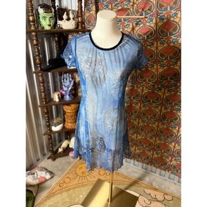 Y K Clothing Blue Paisley Mesh Sheer Short Sleeve Mini Dress M